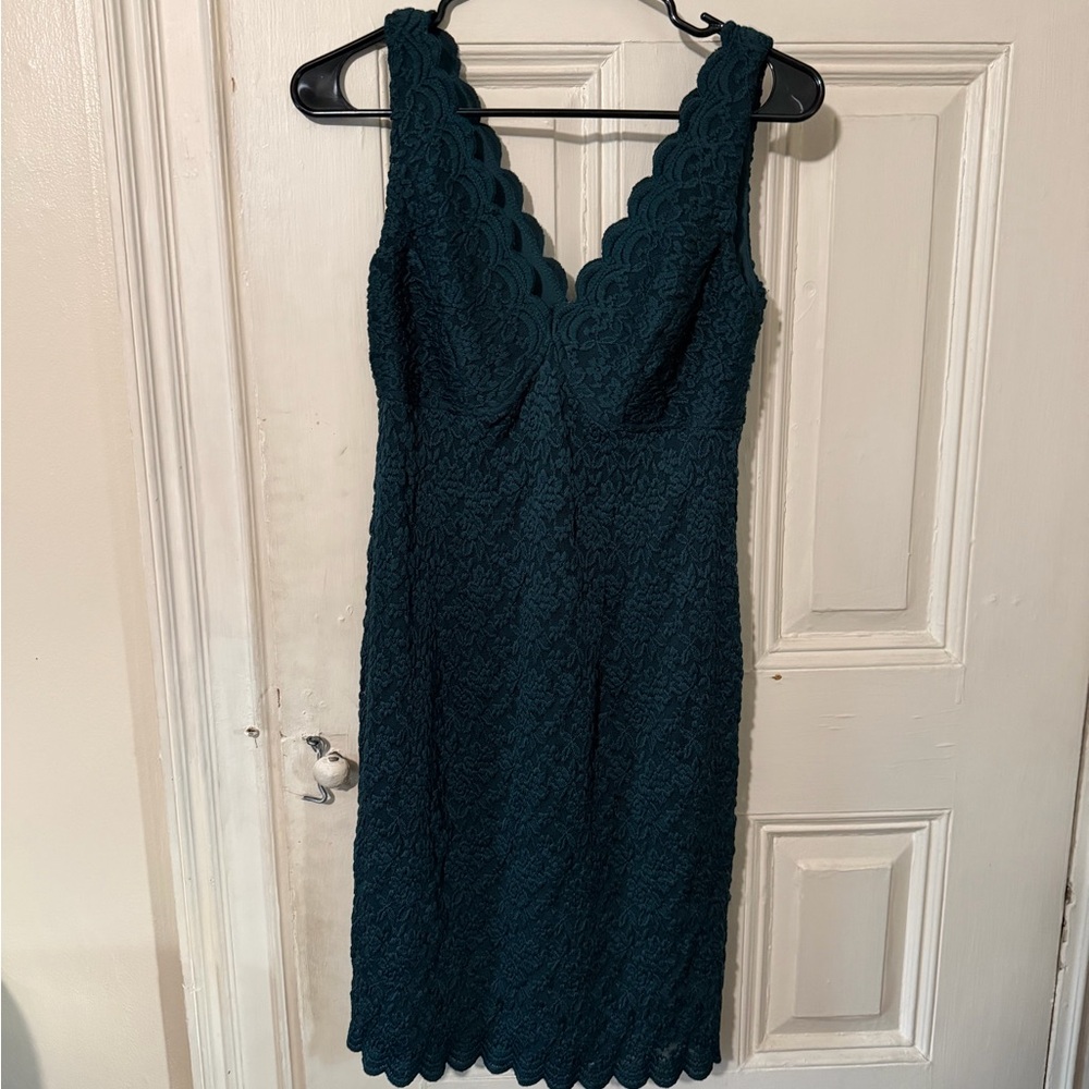 Collection By Dressbarn Teal Lace Scallop V Neck Sheath Dress